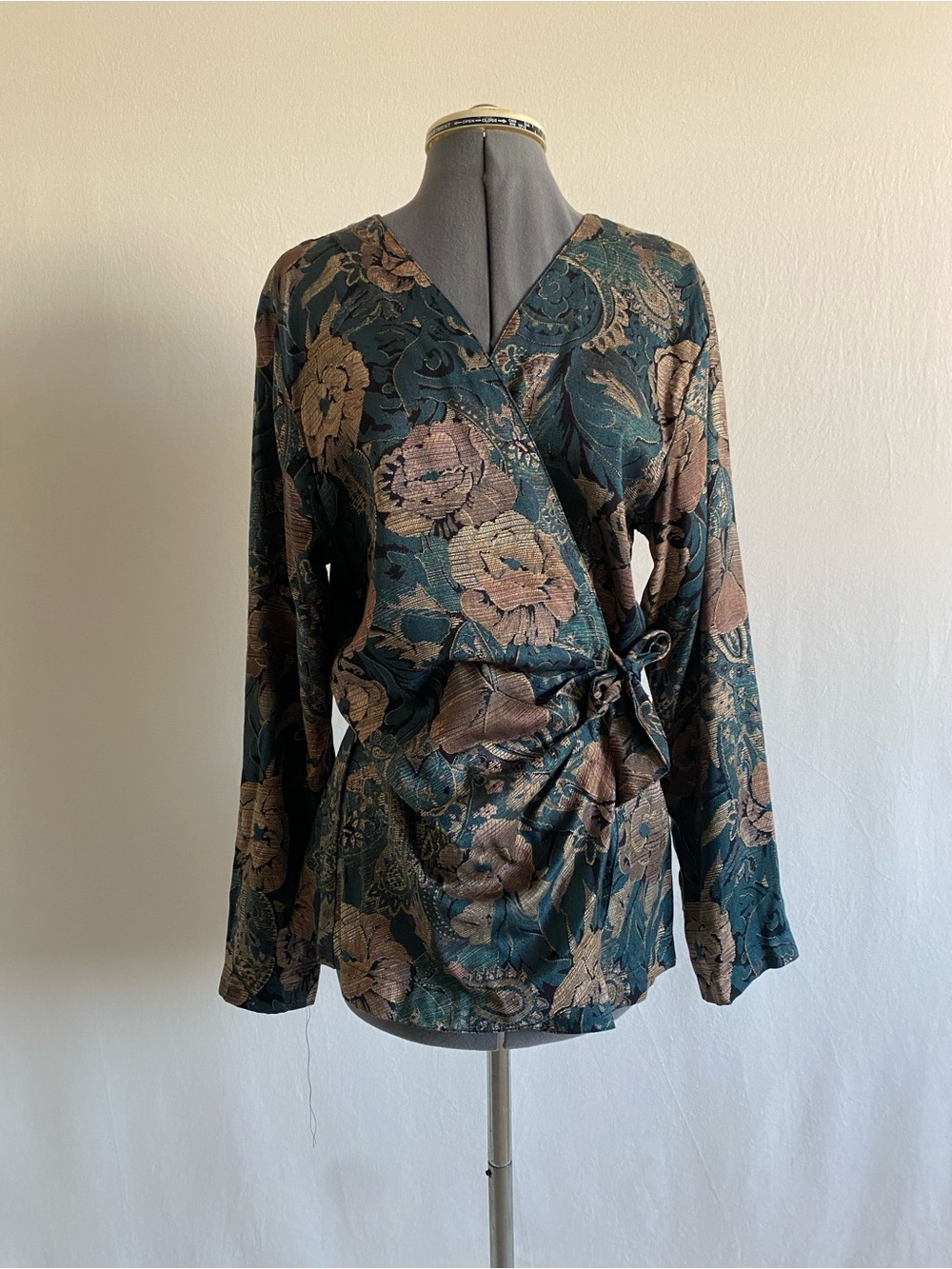 La Belle Teal and Bronze Floral Wrap Blouse